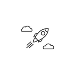 Line rocket ship with clouds. Flat line icon isolated on white. Vector illustration with flying rocket. Goal achieve. Project start up sign. Creative idea.
