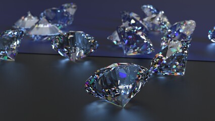 Shiny Diamonds on black-blue surface background. Concept image of luxury living, expensive things and high added value. 3D CG. High resolution.