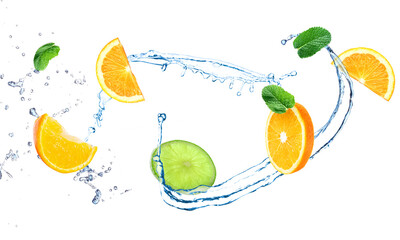 Cut orange, lime, mint leaves and splash of water isolated on white