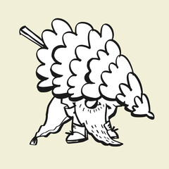 Christmas gnome holds Xmas tree.