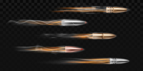 Flying bullet with smoke trace and fire, realistic vector isolated on transparent background, Shot trail in motion, set of firearm projectiles, military ammo illustration.