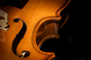 musical instrument, violin, the side part of the violin on a black background for background