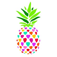 Pineapple vector illustration. Multicolored pineapple in hearts on white background.