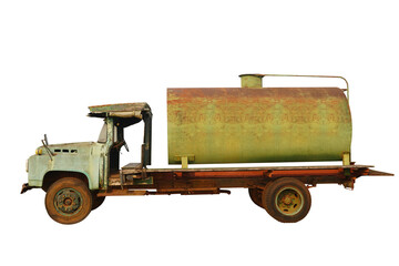 side view old and rust big green car with water container on white background, transport, old, copy space