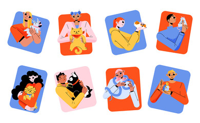 People hug pets, domestic and exotic animals.Vector flat illustration of happy women and man characters, pet owners hold cute cat, dog, rabbit, tortoise, snake and hamster