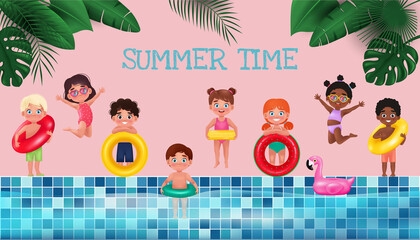 Cute Children of different nationalities with Inflatable circle near pool. Vector illustration in cartoon 3D style