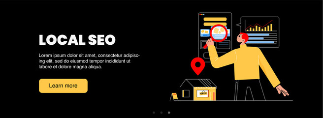 Local SEO poster. Concept of search marketing optimization and advertising campaign for local company. Vector horizontal banner with geo tag on shop, man and analytics graph