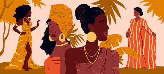 Beautiful traditionally dressed african women. African ethnic clothes and head turbans, cultural native dressing, afro stylish fashion, tribal ornament and accessories vector illustration