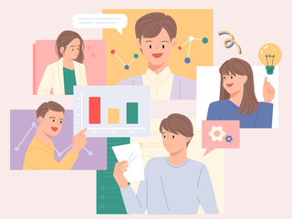Fototapeta premium Business professionals having online video meeting while viewing data. flat design style vector illustration.