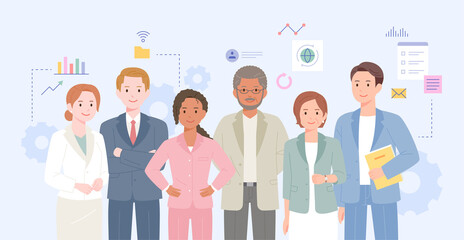 Business people are standing in a confident pose. Graph icons are decorated around it. flat design style vector illustration.