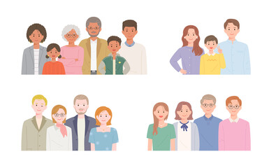 happy families. Various generations are gathering and smiling. flat design style vector illustration.