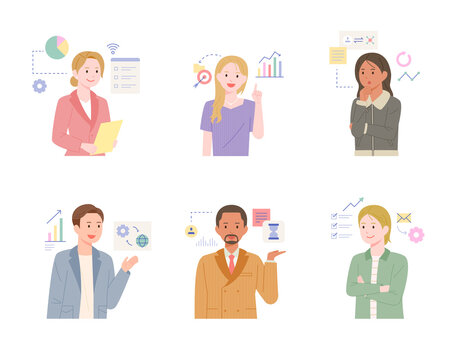 Business professionals are analyzing and explaining data. flat design style vector illustration.