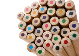 Wooden colorful pencils on white background, closeup