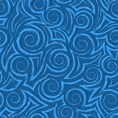 Fototapeta na wymiar Stock vector seamless pattern of blue spirals and flowing torn stripes.Vector seamless pattern of azure spiral waves and swirls.