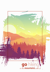Natural landscape. Sunrise scene in nature with mountains and forest, silhouettes of trees. Hiking tourism. Adventure. Minimalist graphic flyers. Polygonal flat design for coupons, vouchers, postcards