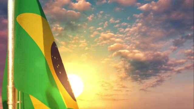 Brazil waving flag on beautiful sunset bg