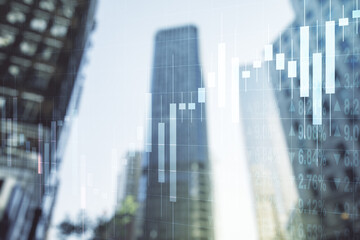Fototapeta na wymiar Double exposure of abstract financial chart on office buildings background, research and analytics concept