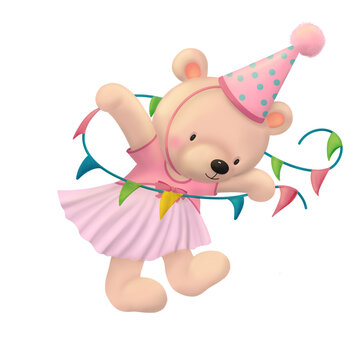 Cute teddy bear in a pink cap and dress with a garland of flags on a white background. cartoon character clipart for card poster or package