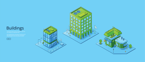 Buildings poster with isometric house, office and store isolated on blue background. Vector horizontal banner of city architecture with facade of residential, business and commercial buildings