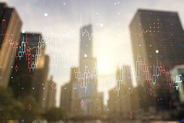 Double exposure of abstract financial chart on office buildings background, research and analytics concept
