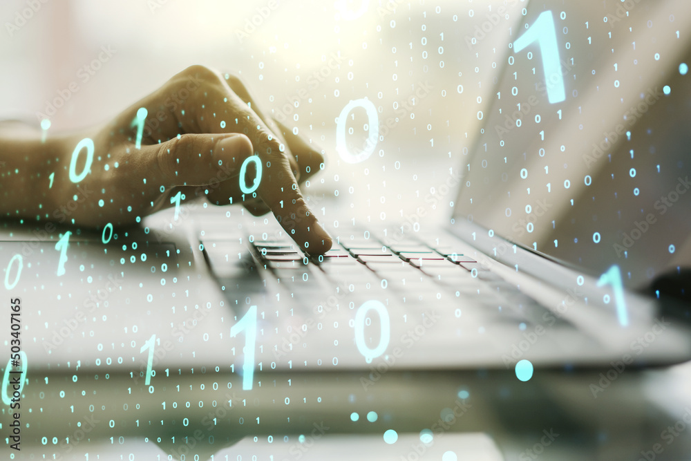 Aufkleber creative abstract binary code sketch and hands typing on computer keyboard on background, hacking an