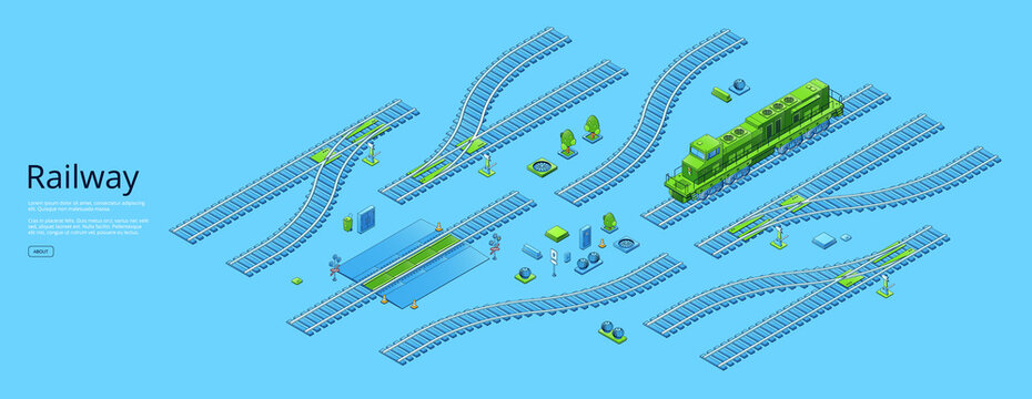 Railway Banner With Isometric Locomotive And Rail Track Elements. Vector Poster Of Path For Trains, Subway And Tram, Train Road With Switch, Crossing, Signal