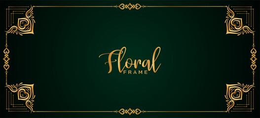 Stylish golden floral frame border dark green banner design