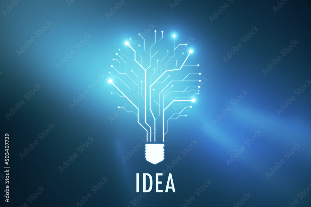 Poster Abstract glowing circuit lamp on blue wallpaper. Future, innovation and solution concept. 3D Rendering.