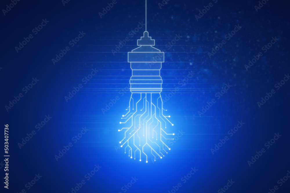 Aufkleber abstract glowing circuit lamp on blue backdrop. future, innovation and solution concept. 3d renderin