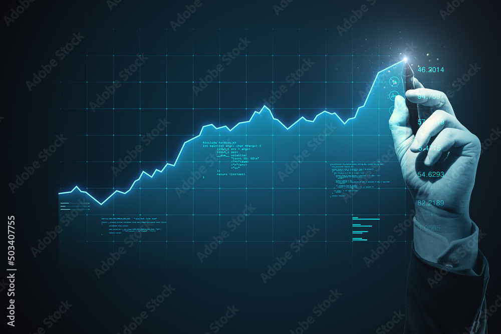 Poster stock market analytics concept with man hand touching virtual screen with financial chart raising di