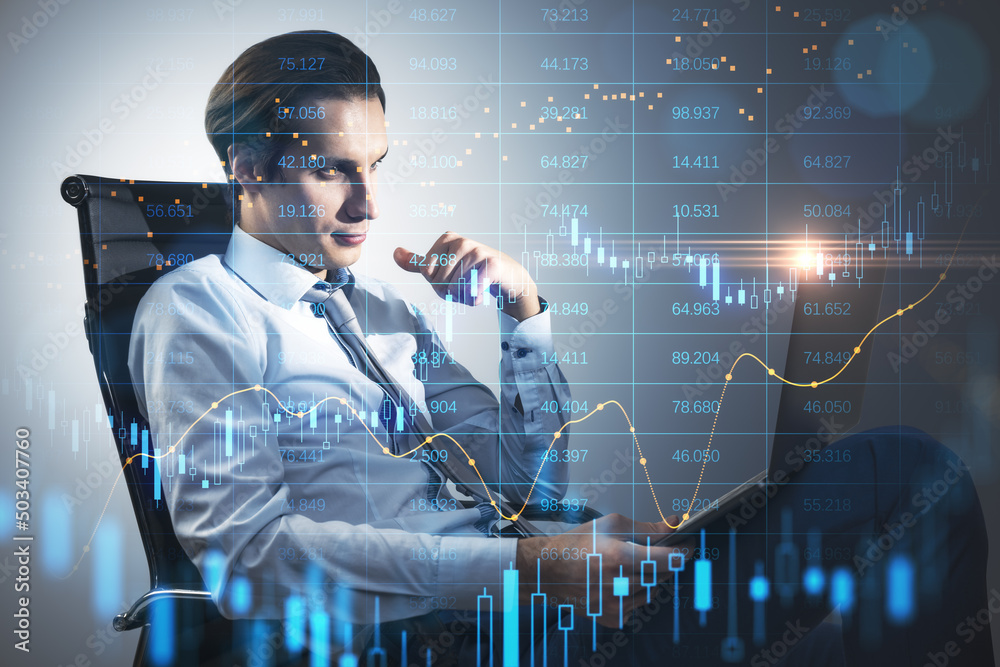 Poster forex market analyzing and investing concept with trader man in the office looking at laptop screen 
