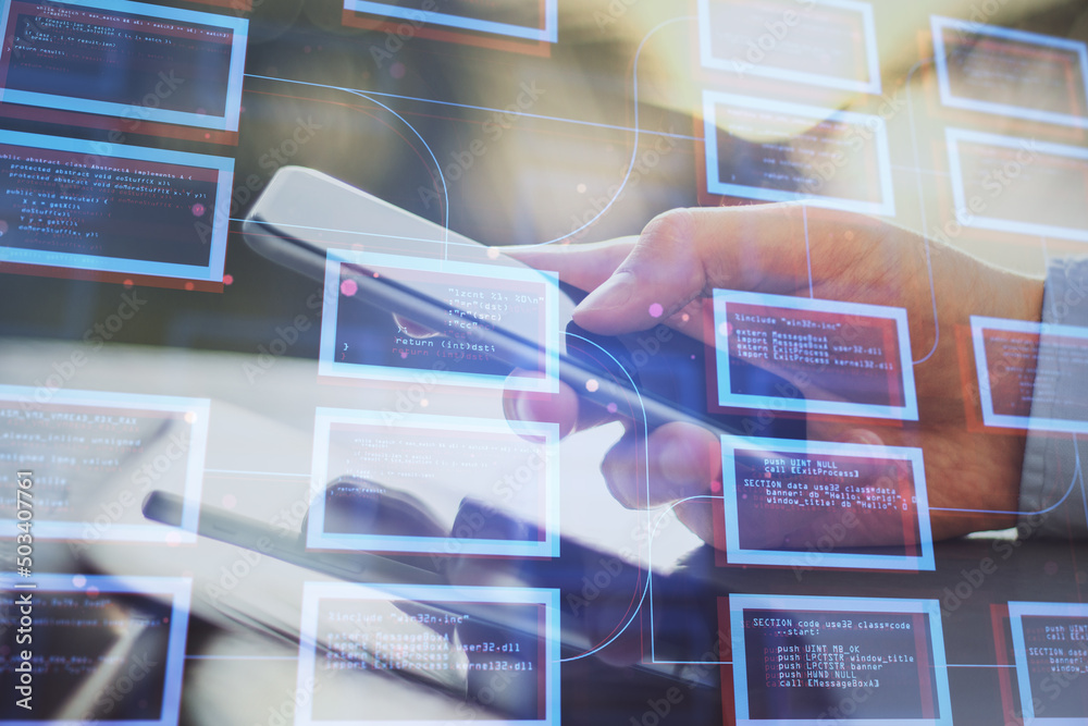 Aufkleber Close up of businessman hands using smartphone with abstract creative coding programming at desktop on blurry outdoor background. Science, technology and software concept. Double exposure.