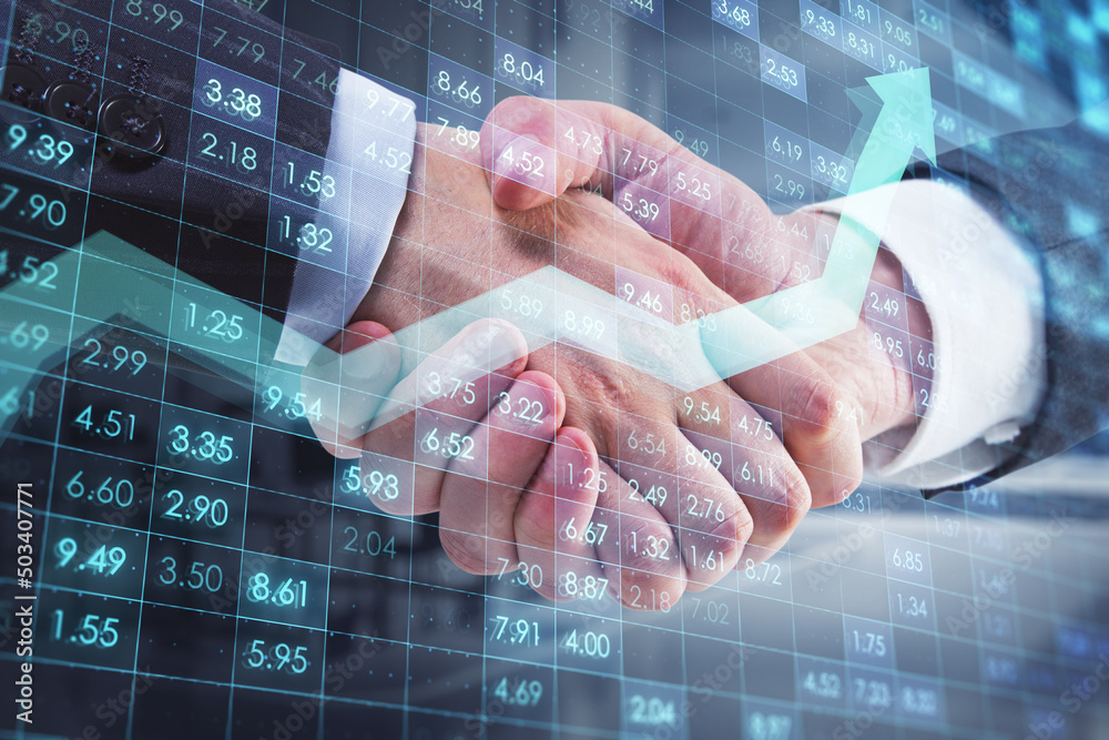 Poster close up of businessmen handshake with creative digital financial numbers or index data on blurry ba