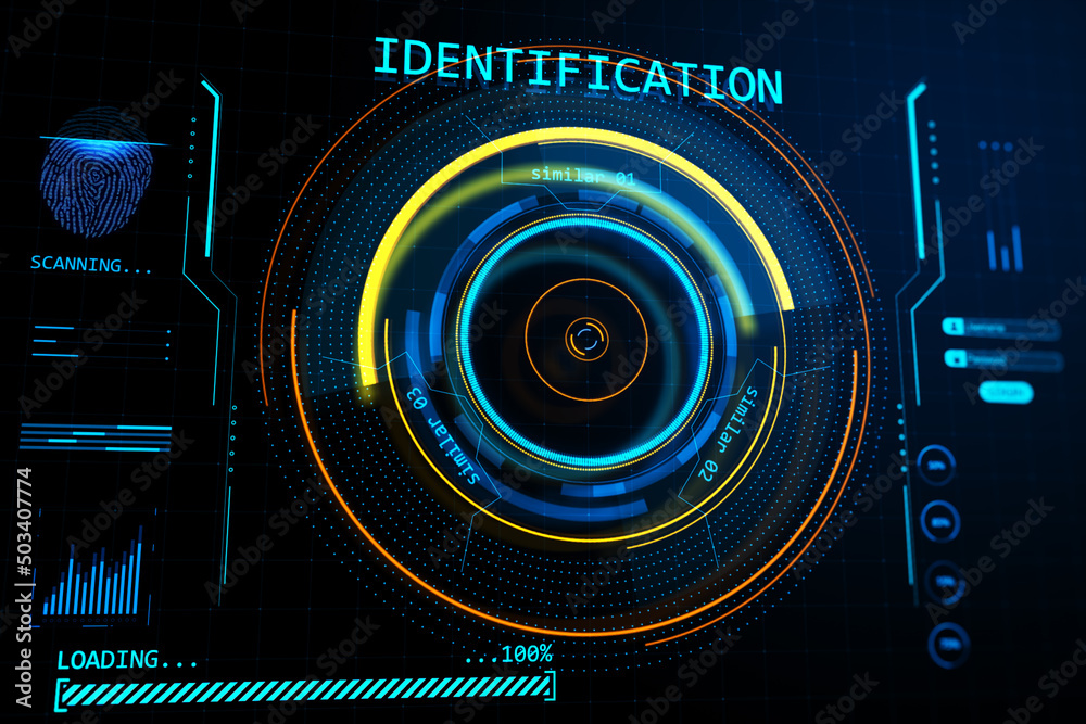 Poster Abstract round identification interface on dark background. Forensic hud and scanner concept. 3D Rendering.