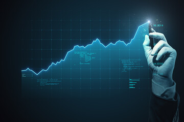 Stock market analytics concept with man hand touching virtual screen with financial chart raising diagram on squared background by glowing digital pan © Who is Danny