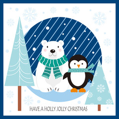 christmas greeting card with polar bear, penguin and christmas tree