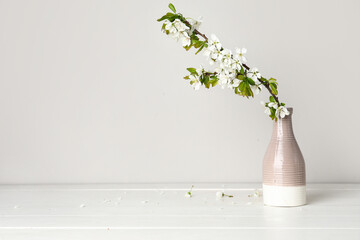 Vase with blooming tree branch on white wooden table near light wall