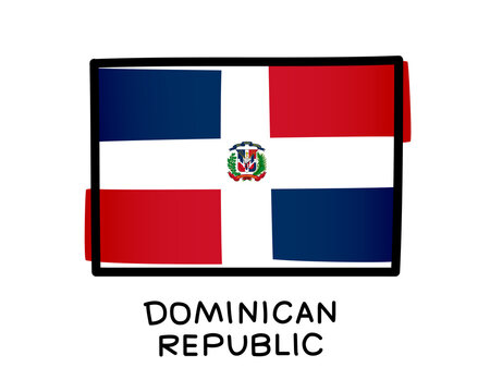 Colorful Dominican Republic flag logo. Blue, red and white hand-drawn brush strokes. Black outline. Vector illustration