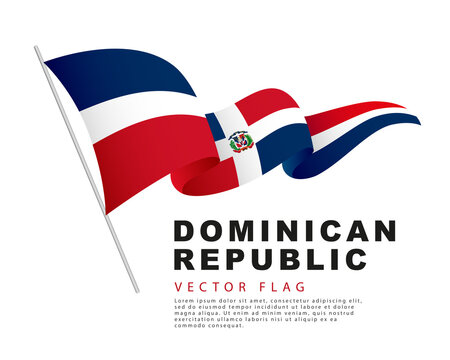 The flag of the Dominican Republic hangs on a flagpole and flutters in the wind. Vector illustration isolated on white background.