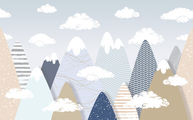 images de montagnes et de nuages multicolores pour enfants pour papier peint à impression numérique, papier peint design personnalisé
