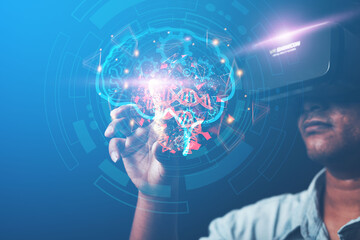 VR development business idea, virtual reality Show the creativity of the brain, innovation, technology. The working process is driven by gear teeth.
