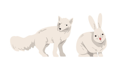 Fototapeta na wymiar White Fox and Rabbit with Fur Coat as Arctic Animal and Wild Mammal Vector Set