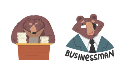Bear Businessman Character in Tie Sitting at Desk with Laptop Doing Paperwork Vector Set