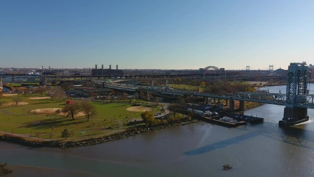 Scenic Aerial Arc Shot of the Harlem Lift Bridge - Part 2