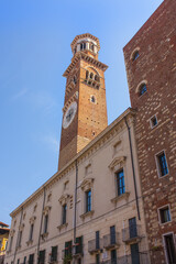 Fototapeta na wymiar Lamberti Tower on the Piazza delle Erbe in Verona, Italy
