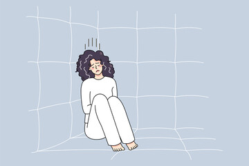Unhappy sick woman in straitjacket sit on floor in psychiatric clinic suffer from mental disorder. Upset ill female patient or madhouse struggle with psychiatric issues. Vector illustration.  - obrazy, fototapety, plakaty