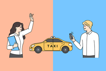 Diverse people order taxi in various ways. Man call cab on cellphone app, woman catch car on street. Private transportation concept. City traffic. Flat vector illustration. 