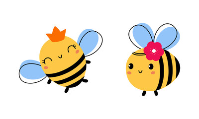 Cute Little Honey Bee with Wings and Black Stripes Flying Vector Set
