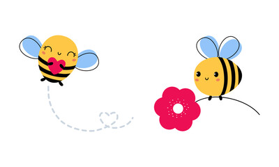 Cute Little Honey Bee with Wings and Black Stripes Flying with Flower and Heart Vector Set