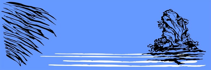 girl relaxing by the sea, shadows of coconut trees and rocks, waves.